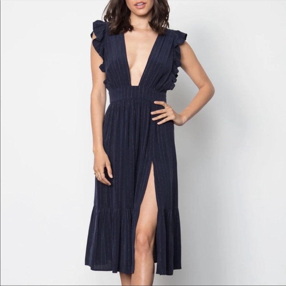 Navy Stillwater Jesse Deep V Plunging Midi Dress